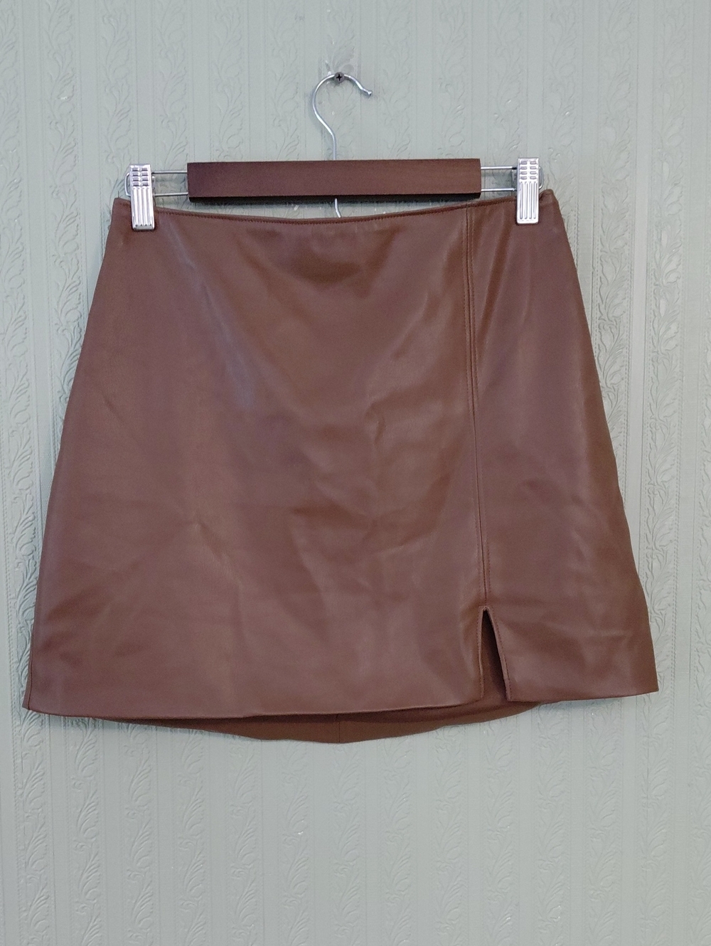 HOLLISTEE Brown Faux Leather Mini Skirt with Front Slit